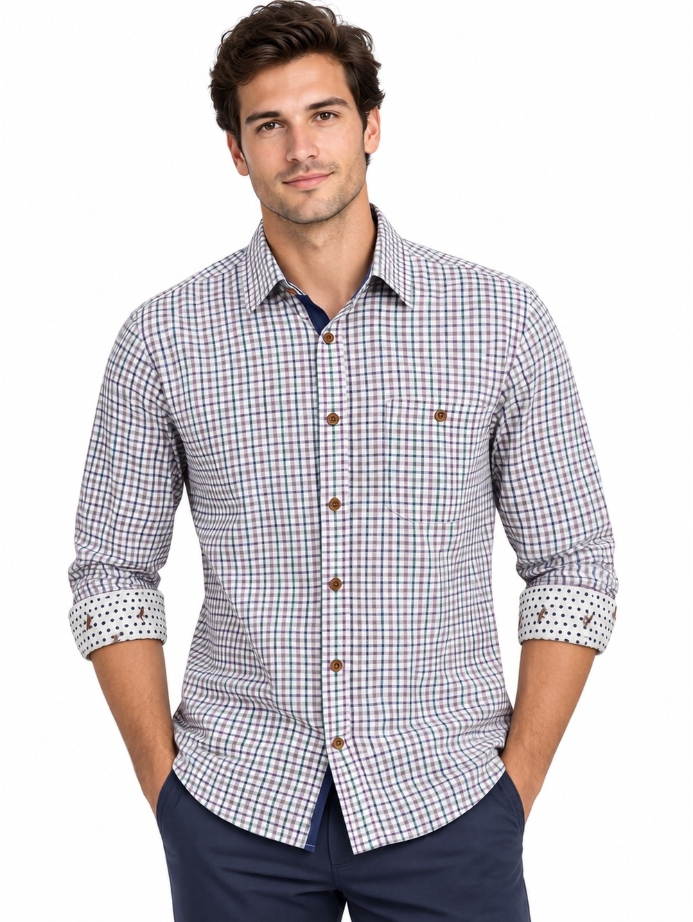 Ted Baker London Mens Grid Plaid Button Up Shirt 15.5 Fly Fishing Lure Cuff Trim
